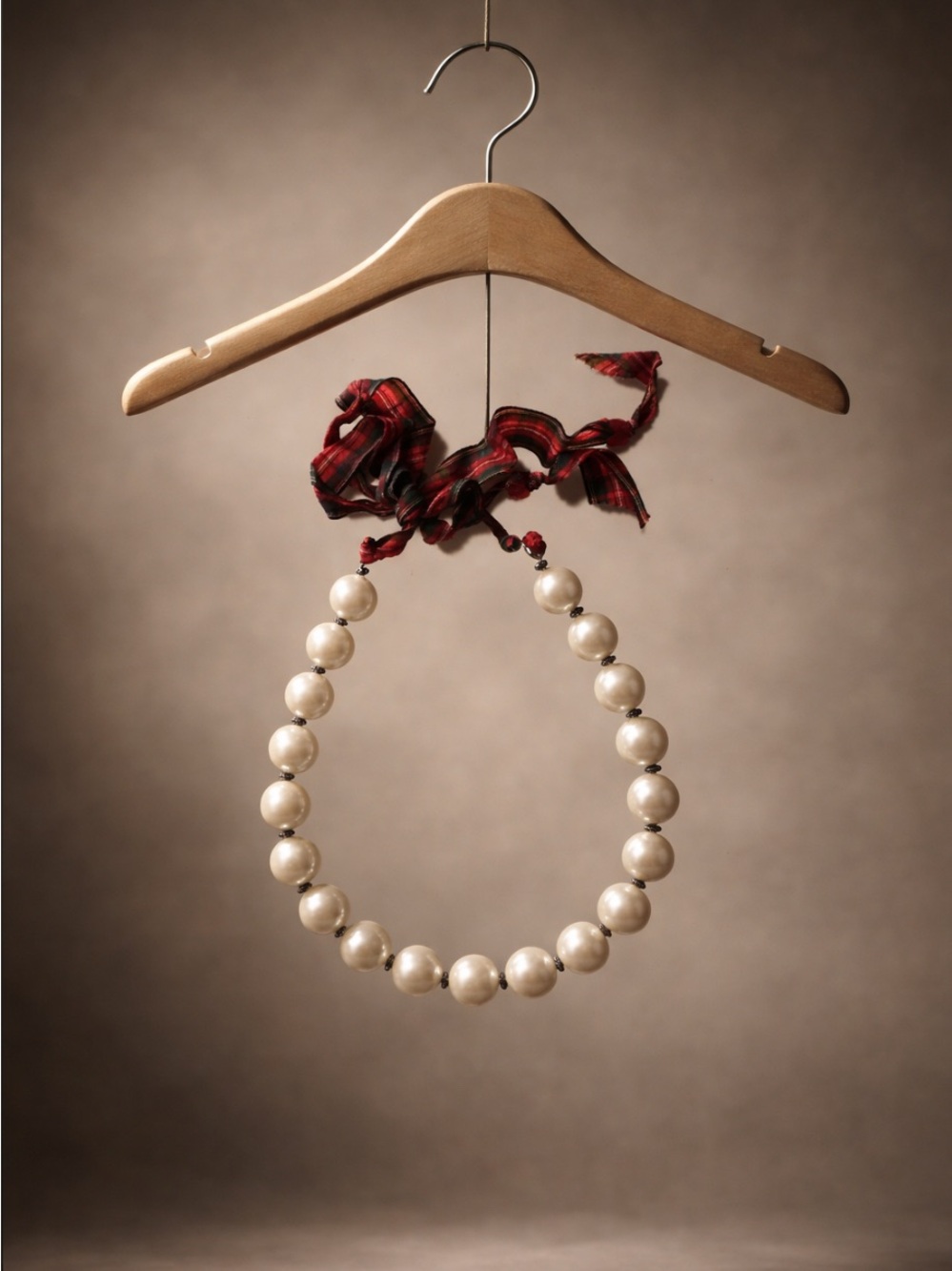 J Crew Pearl Necklace with Red Plaid Ribbon Accent